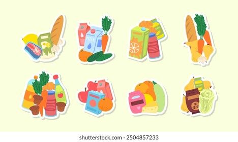 Cartoon Color Different Types Foodstuff Stickers Set Grocery Concept Flat Design Style Include of Drink, Fruit and Vegetables. Vector illustration