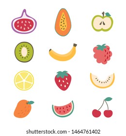 Cartoon Color Different Types Fruits Icon Set Include of Banana, Apple, Lemon, Strawberry and Watermelon. Vector illustration of Icons