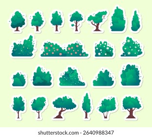 Cartoon Color Different Types of Green Trees and Bushes Stickers Set Concept Flat Design Style. Vector illustration
