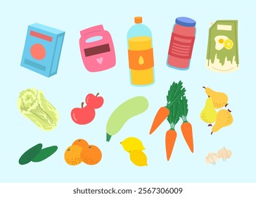 Cartoon Color Different Types Grocery Products Set Nutrition Concept Flat Design Style. Vector illustration of Carrot, Cucumber and Apple