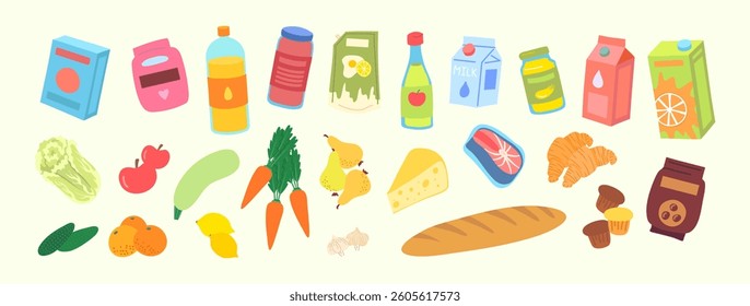Cartoon Color Different Types Grocery Products Set Nutrition Concept Flat Design Style for Market and Retail. Vector illustration