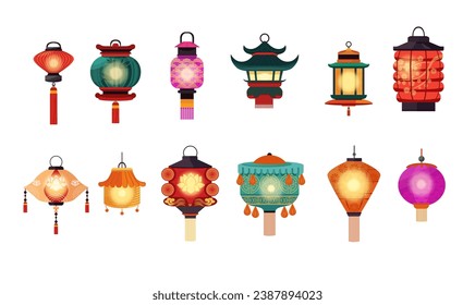 Cartoon Color Different Types Hanging Lanterns Set Traditional Oriental Festival Decoration Concept Flat Design Style. Vector illustration of Paper Lantern