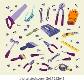 Cartoon Color Different Types Instruments Set Repair and Construction Concept Flat Design Style. Vector illustration of Screwdriver, Hammer, Saw, Brush and Ruler