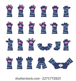 Cartoon Color Different Types of Paws Gestures Set Concept Flat Design Style. Vector illustration of Cat Paw