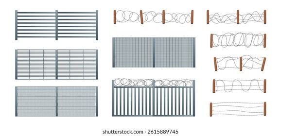 Cartoon Color Different Types Prison Fences Set Protection and Justice Concept. Vector illustration of Barbed Wire Section