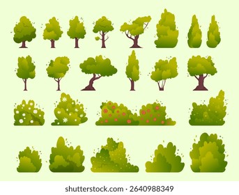 Cartoon Color Different Types of Spring Trees and Bushes Set Decoration Elements Garden and Park Concept Flat Design Style. Vector illustration
