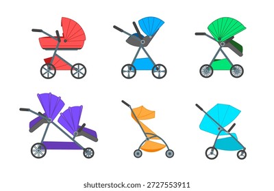 Color de dibujos animados Diferentes tipos de cochecitos Concepto Estilo de diseño plano. Ilustración vectorial de cochecito plegable para el recién nacido