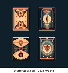 Cartoon Color Different Types Tarot Cards Back Set Concept Flat Design Style. Vector illustration of Card Deck with Abstract Print