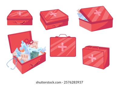 Cartoon Color Different View First Aid Box Set Emergency Pack Concept Flat Design Style. Vector illustration of Doctor Suitcase with Medical Supplies