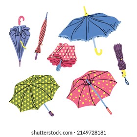 Cartoon Color Different View Umbrella Icon Set Season Rain Protection Concept Flat Design Style. Vector illustration of Umbrellas