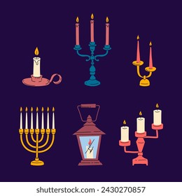 Cartoon Color Different Vintage Candlesticks with Burning Wax Candle Flame Icon Set Concept Flat Design Style. Vector illustration
