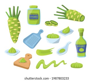 Cartoon Color Different Wasabi Icons Set Include of Root Slice, Bottle and Grater. Vector illustration of Japanese Condiment