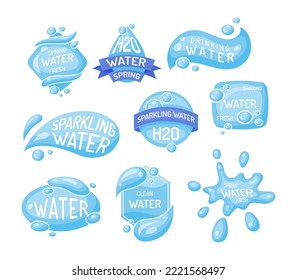 Cartoon Color Different Water Labels Badges Stickers Set Flat Design Style . Vector illustration Sparkling and Drinking Label