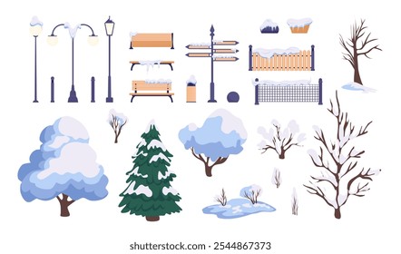 Cor dos desenhos animados Diferentes Elementos do Parque Natural de inverno Definir conceito Estilo de Design Plano Incluem Lanterna, Fir, Banco e Urna. Ilustração vetorial