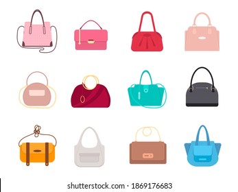 Cartoon Color Different Women Handbags Icons Set Flat Design Style. Vector illustration of Female Bag Accessory