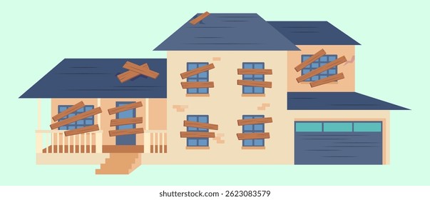 Cartoon Color Dilapidated House Abandoned Building Concept Flat Design Style. Vector illustration of Old Weathered Cottage