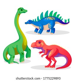 Cartoon Color Dinosaur or Dino Icon Set Flat Design Style Include of Tyrannosaurus and Stegosaurus. Vector illustration