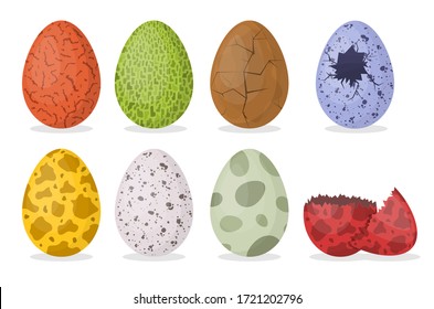 Cartoon Color Dinosaur Eggs Icons Set Include of Whole, with Crack and Broken. Vector illustration of Icon