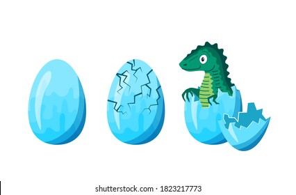 Cartoon Color Dinosaur Hatching Icons Set Flat Design Style Include of Whole Egg, with Crack and Dino . Vector illustration