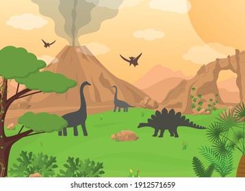 Cartoon Color Dinosaurs and Landscape Scene Concept Flat Design Style. Vector illustration of Wild Natural Background