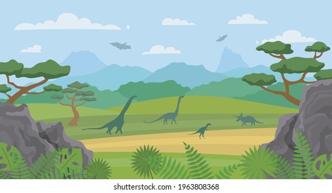 Cartoon Color Dinosaurs and Landscape Scene Concept Flat Design Style. Vector illustration of Prehistoric Nature Background