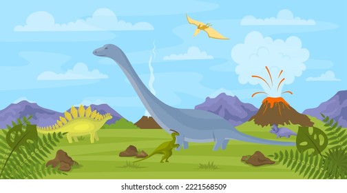 Cartoon Color Dinosaurs on a Landscape Scene Volcano with Lava Concept Flat Design Style. Vector illustration of Brontosaurus