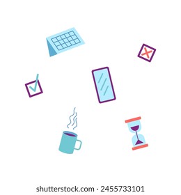 Cartoon Color Do List Concept Element Set Floating Around Concept Flat Design Style . Vector illustration of Cup, Hourglass and Smartphone