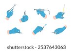 Cartoon Color Doctors Different Hands Gestures Set Concept Flat Design Style. Vector illustration of Hand in Blue Gloves Holding Medical Instruments