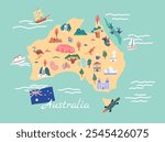 Cartoon Color Doodle Australia Map Travel and Tourism Guide Cartography Concept Flat Design Style. Vector illustration