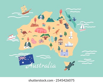 Cartoon Color Doodle Australia Mapa Travel and Tourism Guide Cartography Concept Flat Design Style. Ilustração vetorial