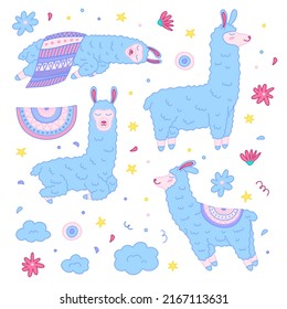Cartoon Color Doodle Llamas Fun Set Flat Design Style Different Poses. Vector illustration of Standing and Sleepy Llamas
