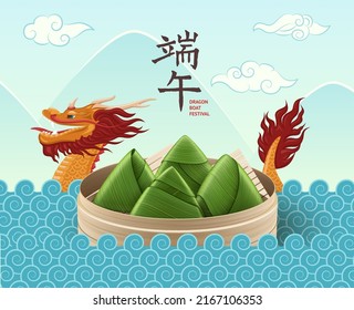 Cartoon Color Dragon Boat Festival Concept Banner Poster Card Bamboo Steamer with Food Rice Dumplings or Zongzi. Vector illustration