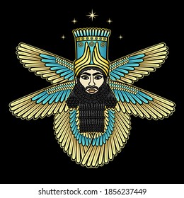 Cartoon color drawing: bearded man in a horned crown with six wings, a character in Assyrian mythology. God, angel, prophet. Vector illustration isolated on a black background.