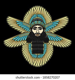 Cartoon color drawing: bearded man with eight wings, a character in Assyrian mythology. God, angel, prophet. Vector illustration isolated on a black background.
