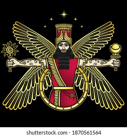 Cartoon color drawing: bearded man in a horned crown holds sun and moon in his hands. Character in Assyrian mythology. God, angel, prophet. Vector illustration isolated on a black background.