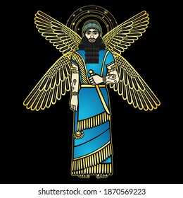 Cartoon color drawing: bearded man with four wings holds a sword in his hands. Character in Assyrian mythology. God, angel, prophet. Vector illustration isolated on a black background.