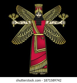 Cartoon color drawing: bearded man with four wings holds the rods of power in his hands. Character in Assyrian mythology. God, angel, prophet. Vector illustration isolated on a black background.