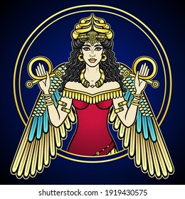 Cartoon color drawing: beautiful woman in a horned crown, a character in Assyrian mythology. Winged goddess. Ishtar, Astarta, Inanna. Vector illustration isolated on a dark background.