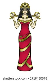 Cartoon color drawing: beautiful woman in a horned crown, a character in Assyrian mythology. Full growth. Ancient goddess. Ishtar, Astarta, Inanna. Vector illustration isolated on a white background.
