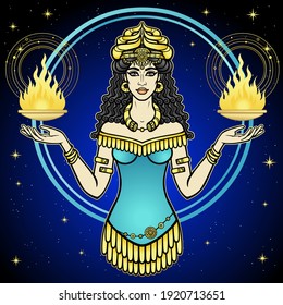 Cartoon color drawing: beautiful woman in a horned crown holds a sacred fire in hands, character in Assyrian mythology. Ishtar, Astarta, Inanna. Vector illustration. Background - stars sky.