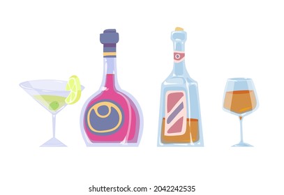 Cartoon color drawing of bottles and glasses with alcoholic drinks on a white background. Vector illustration.
