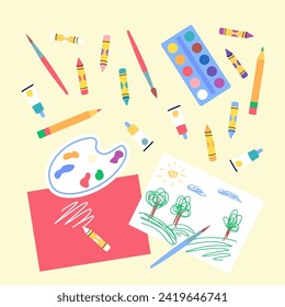 Cartoon Color Drawing Element Set Concept Flat Design Style Include of Brush, Paint and Palette. Vector illustration