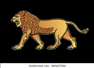 Cartoon color drawing:  growling lion, a character in Assyrian mythology.   Vector illustration isolated on a black background.