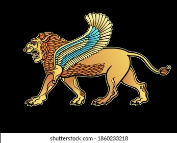 Cartoon color drawing:  growling winged lion, a character in Assyrian mythology.   Vector illustration isolated on a black background.