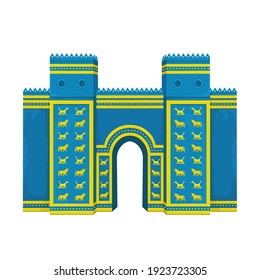 Cartoon color drawing: Ishtar Gate. Ancient sacred temple. Symbols of Babylon, Assyria, Mesopotamia. Vector illustration Isolated on white background.