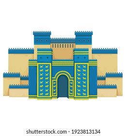 Cartoon-Farbzeichnung: Ishtar Gate. Alter heiliger Tempel. Symbole von Babylon, Assyrien, Mesopotamien. Vektorgrafik einzeln auf weißem Hintergrund.