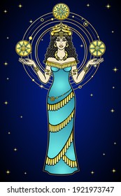 Cartoon color drawing: woman in a horned crown holds stars, a character in Assyrian mythology. Full growth. Ancient goddess. Ishtar, Astarta, Inanna. Vector illustration isolated on a dark background.