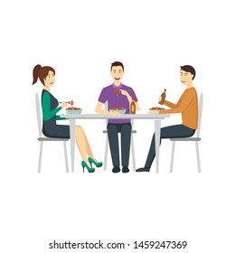 Cartoon Color Drink and Eating Characters People Conversation in Restaurant or Cafe Concept Element Flat Design Style. Vector illustration