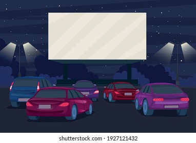 Cartoon Color Drive in Cinema on a Landscape Scene Concept Flat Design Style. Vector illustration on Watching Movie