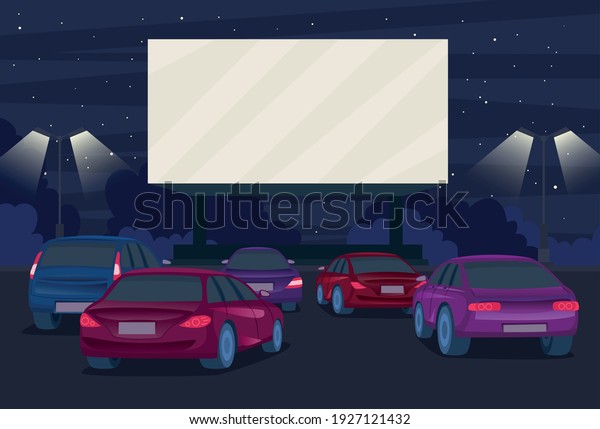 Cartoon\
Color Drive in Cinema on a Landscape Scene Concept Flat Design\
Style. Vector illustration on Watching\
Movie